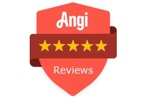 Red shield with “Angi Reviews” text and five gold stars, indicating a 5-star review rating.