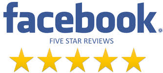 Facebook logo with "Five Star Reviews" text and five yellow stars below it.